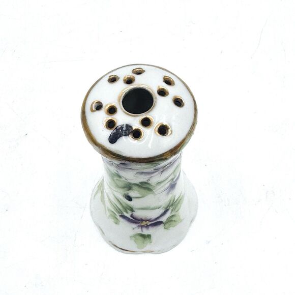 Antique Nippon Hand Painted Porcelain Hat Pin Holder Purple Floral Metallic Gold - Picture 2 of 6